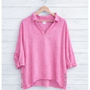 Sigrid Olsen Size 1X Top Tunic 100% Linen Pink V-Neck 3/4 Sleeves Collared